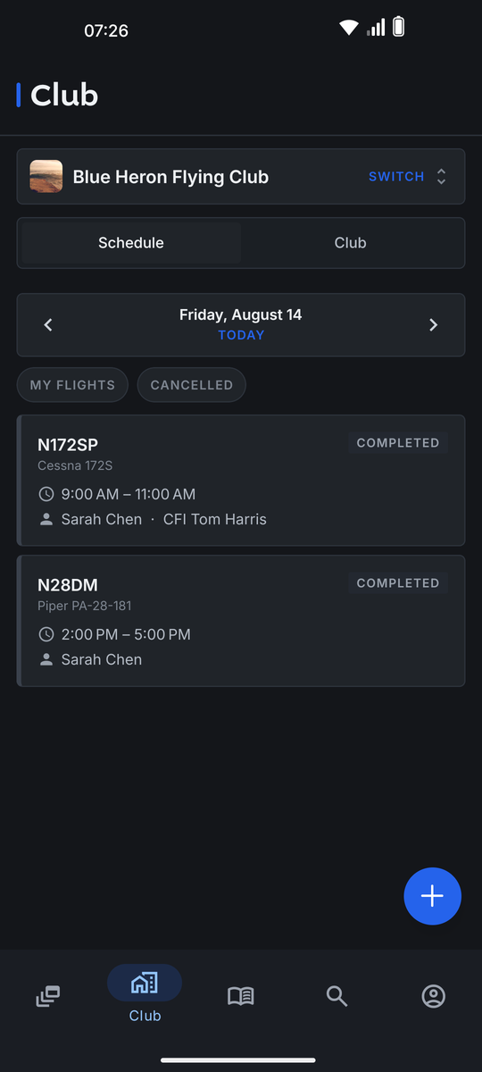 Booking a club aircraft in the Wingtrex Android app